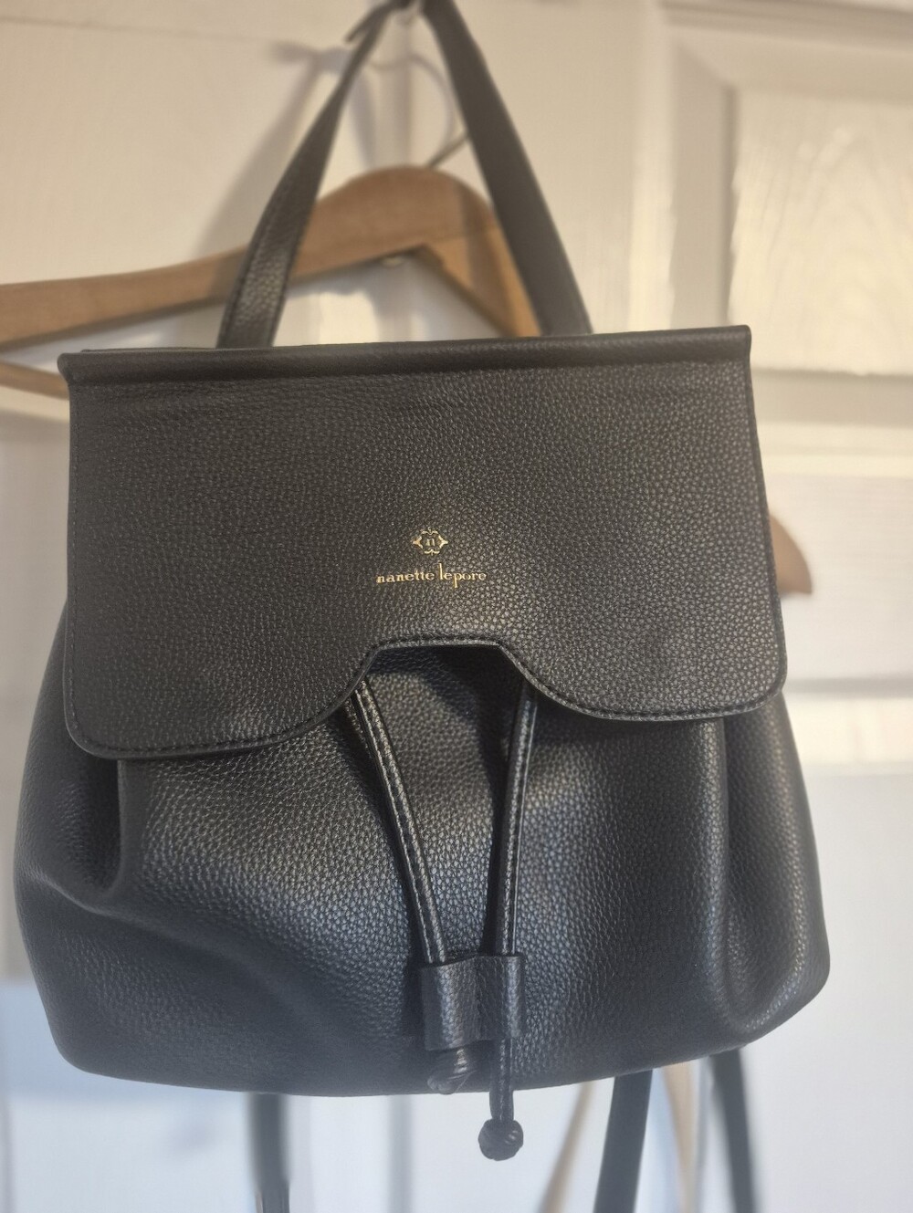 Nanette Lepore Black Pebbled Leather Drawstring Backpack
